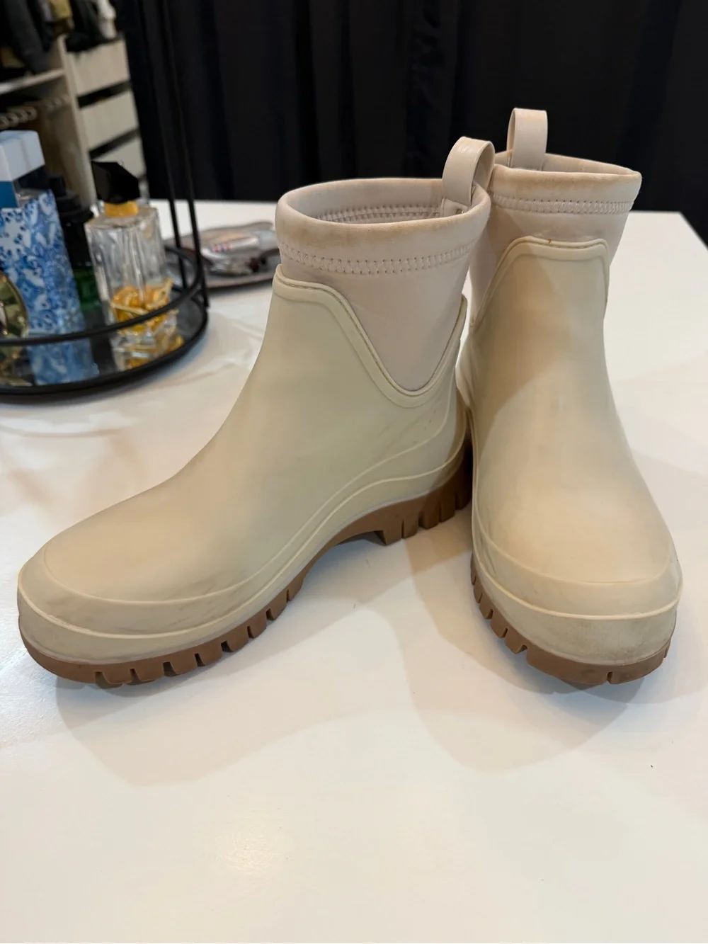 Women’s Beige Ankle Rain Boots - Slip-On Waterproof Chelsea Style